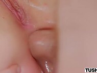 Sensational lassie oils up the guy’s cock to stroke it properly and gets her pink anus banged by the male 11