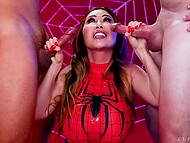 Awesome Asian Spiderwoman with huge breasts blows two huge dicks and gets dirty facial cumshots 5