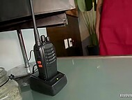 Two men from store security arrested busty milf for a hardcore threesome and an amazing cumshot on her face 10