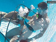 Slim brunette pleases her man with underwater blowjob and takes his dong into her cunt in the pool 10