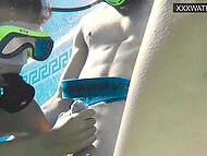 Slim brunette pleases her man with underwater blowjob and takes his dong into her cunt in the pool 9