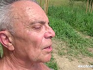 Lecherous teen whore caught a nude old man jerking off to her and gave him handjob by the river 10