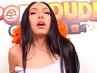 Playful brunette with slender body enjoys playing with her cute pussy and copulating with the man at casting 5