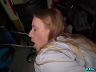 Amateur European slut agreed on blowing a stranger guy and getting drilled by him for cash in public place 6