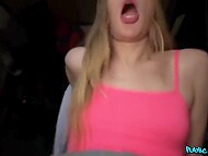 Amateur European slut agreed on blowing a stranger guy and getting drilled by him for cash in public place 8