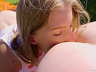 Curvy Ebony and her two white lesbian girlfriends enjoy fucking sex toy and licking pussies in the yard 5