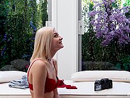 Slim chick in red plays with her shaved pussy first and then demonstrates the way she can please a man 5