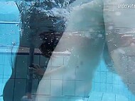 Young ladies enjoy swimming in the pool flashing their natural tits and tight pussies without any panties 11