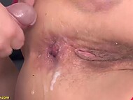 Lustful granny in red lingerie gets her asshole covered with cum after intense anal drilling from the stud 11