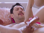 Man with mustache got horny when entered the busty lassie's room and filled her twat with cum after banging 5
