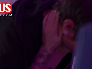 Swanky blonde has a crash on a handsome bartender and squirts with pleasure after blowing him in the bar 5