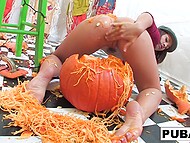 On Halloween young brunette tried on a new look with a mustache and pleased herself with masturbation 7