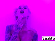 Sexy blonde with tattoos poses in the shower, leaning against the mirror with big boobs and wet cunt 10
