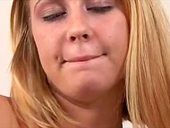 Angel-looking wench Lexi Belle in fishnets rubs her smooth cunt and teases it with dildo on camera 4