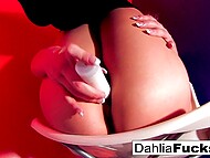 Randy blonde with glasses Dahlia Sky pulls panties aside to drill her craving vagina with a vibrator 6