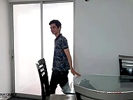 Dude sticks his stiff pecker into mouth and twat of the cute amateur whore and cums on her small tits 6