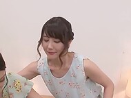 Two Asian ladies in pretty dresses give POV blowjob and surprise guy with a gentle rimming 4