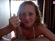 Sexy blonde girl with curls gives amateur blowjob and gets a lot of sperm on her gentle tongue 9