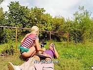 Adorable blonde in panties fucks with a guy in the garden and gets a reward in her sweet mouth 4