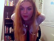 Sultry gal unbuttons a blouse to tease webcam fans with her perfect big hooters and round booty 5