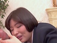 Cute Japanese MILF in school uniform blows the man’s meaty tool and washes him gently in the shower 5