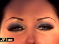 Excited luxurious lezzies in stockings use a lantern to drill pussies with a dildo in the dark room 11