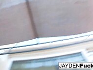 Busty babe Jayden Jaymes strips pink panties and sticks a dildo in her vagina in the garden 4