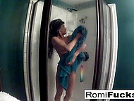 Voluptuous brunette Romi Rain and her winsome lesbian girlfriend strike sexy positions in the shower for the camera 11