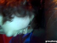 Submissive slut in black stockings participates in a group feeling dicks in mouth and in hairy pussy 9