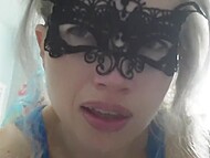 Blonde with red lips decorated her face with a mask and fucked with husband, accompanying process with moans 9