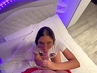 Young lady in glasses sucks dick for a long time and breaks off for fantastic fucking in cowgirl position 9