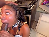 Passionate ebony slut sucks a black man's big dick and enjoys POV fucking with him in the kitchen 10