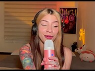 Cute girl in catsuit has fun filming amateur masturbation with dildo on webcam and showing tight pussy 4