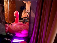 Beautiful bitch in sexy shorts gives POV blowjob and caress dick with her hands for a great cumshot in mouth 5