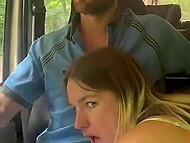 Blonde with tattoos gives a blowjob in the car, and later rides driver’s dick and gets an orgasm 4