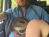 Blonde with tattoos gives a blowjob in the car, and later rides driver’s dick and gets an orgasm 5