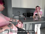 Filthy alt cutie seduces her sister’s hubby and blows him under the table while the sister sits beside them  8
