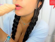 Adorable Latina brunette Emanuelly Raquel strips slowly and blows rubber dick till tasting fake cum 9