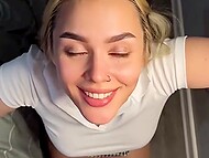 Horny guy films a blowjob from his loving girlfriend in short skirt and fucks her in the doggystyle 11