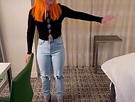 Curvy gagged redhead gets handcuffed and has her big booty sprayed with cum after sex at casting 7