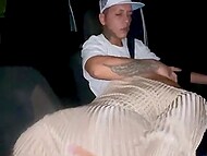 Dude saw a cute busty brunette and invited her to his car to drill her smooth twat in the backseat 5