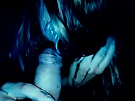 Creepy teen whore in miniskirt comes to the dude to blow his cock every night in amateur horror movie 8