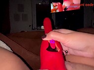 Red toy simulates gentle cunnilingus for a horny chick who masturbates and cums before bed 9