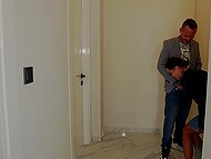 Russian cuckold hubby suggests his wife blowing and fucking the flat owner to get a discount for the rent 4