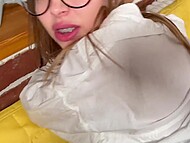 Cute blonde in glasses and in red bra Ken Honey sucks a dick with pleasure before it penetrates her pussy 5