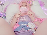 Sweet Asian girl with pink hair exposed her shaved pussy for POV fucking and received cum in her palms 4