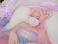 Sweet Asian girl with pink hair exposed her shaved pussy for POV fucking and received cum in her palms 6