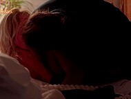 In the middle of the night, wife passionately kisses her husband and fucks with him in translucent black panties 6