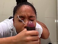 Ebony bitch with a big ass isn't afraid of experiments, so she offers her neighbor a blowjob in the entrance