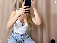 Blonde sweetie with big breasts takes off her blue jeans and pulls panties aside to get her pussy banged 5